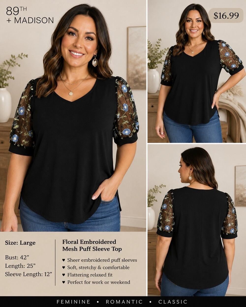 89th + Madison Women’s Large Black Blouse Floral Embroidered Mesh Puff Sleeves